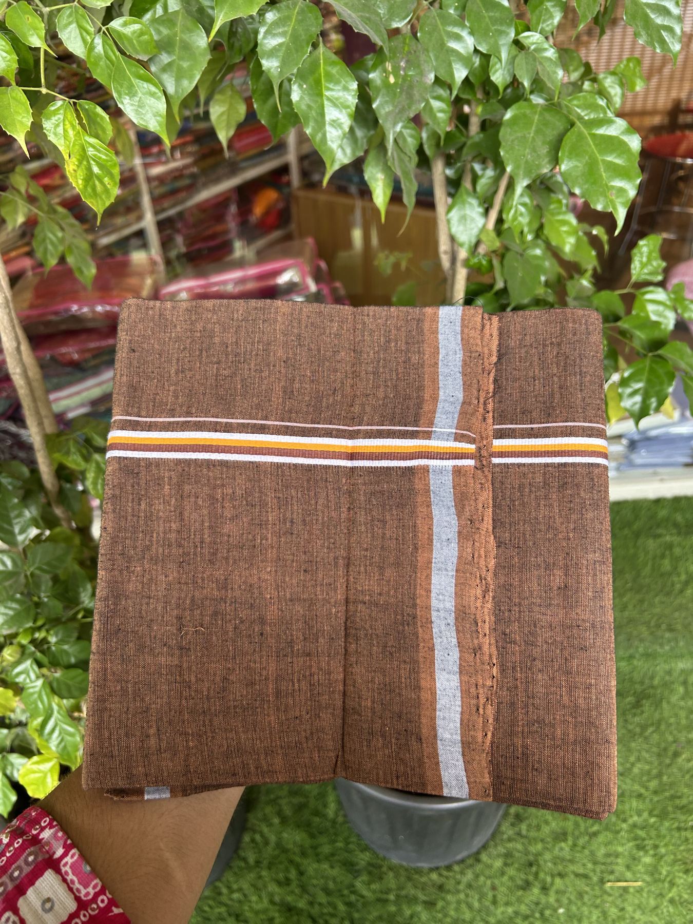 Handloom Single Hallmarked - 10% Discount ! KaithariKada 100% Pure Cotton - Mundu/Dhoti 0.5 inch White & Light orange striped kara with Brown colour Body - (2 meter / 4 muzham) - 85 KK8044 ELA