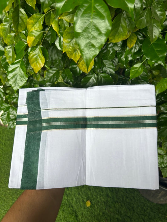 20% Discount ! KaithariKada Balaramapuram 100% Mercerised Cotton Double Ultra Pure white Mundu/Dhoti- 100x80 - 1.25 inch Green & Silver Kasav Striped Kara - 4mtr ( 8 muzham) - 5 KK5237 PMC
