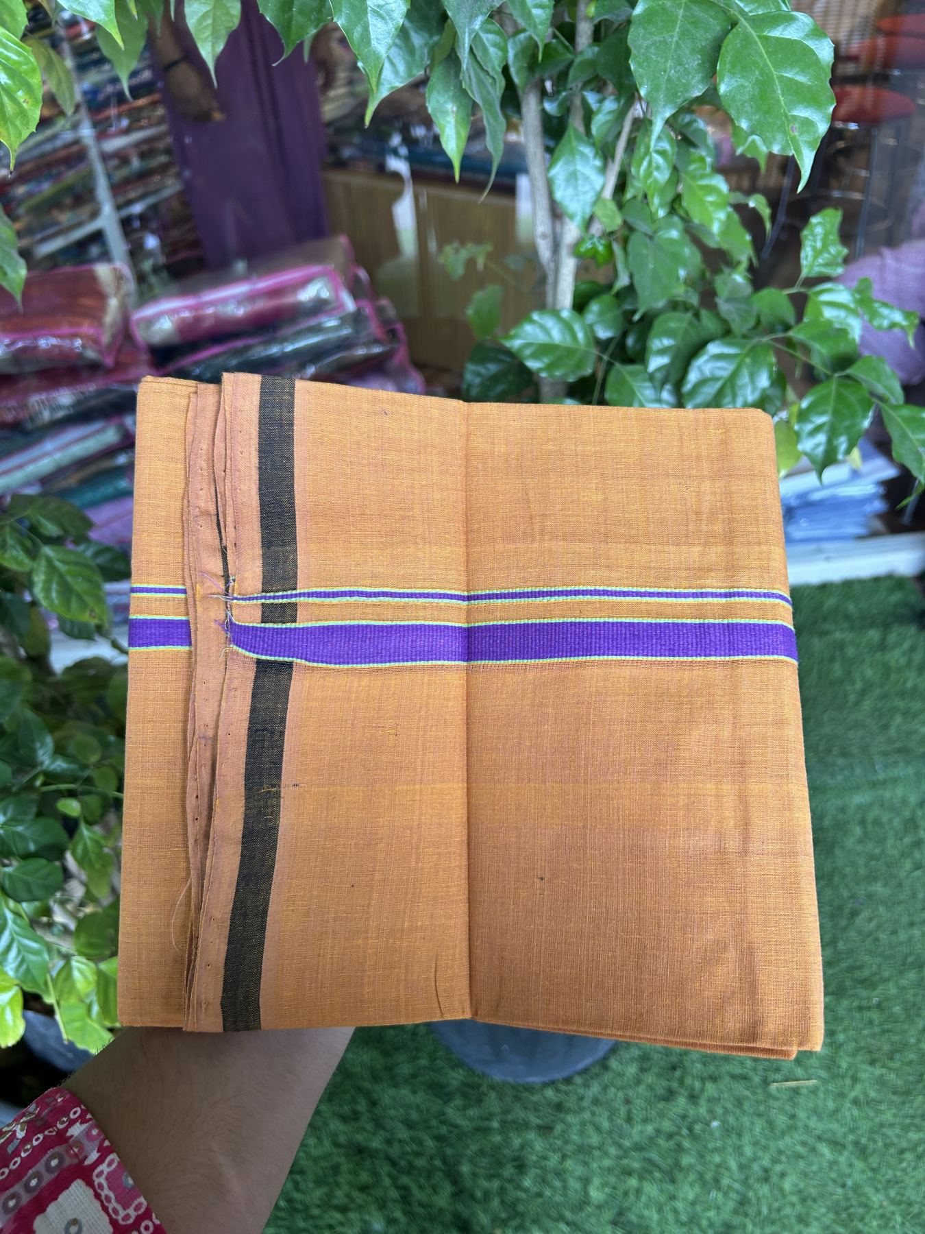 Handloom Single Hallmarked - 10% Discount ! KaithariKada 100% Pure Cotton - Mundu/Dhoti 0.5 inch Violet & Parrot Green Kara with Kavi colour Body - (2 meter / 4 muzham) - 64 KK8044 ELA