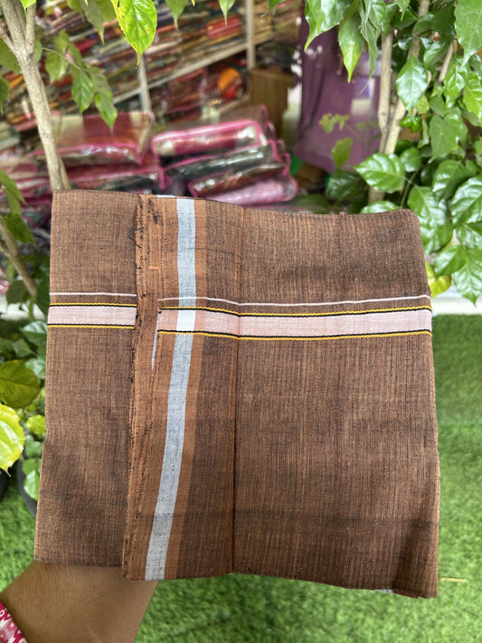 Handloom Single Hallmarked - 10% Discount ! KaithariKada 100% Pure Cotton - Mundu/Dhoti 0.5 inch White shaded & Light orange black striped kara with Brown colour Body - (2 meter / 4 muzham) - 84 KK8044 ELA