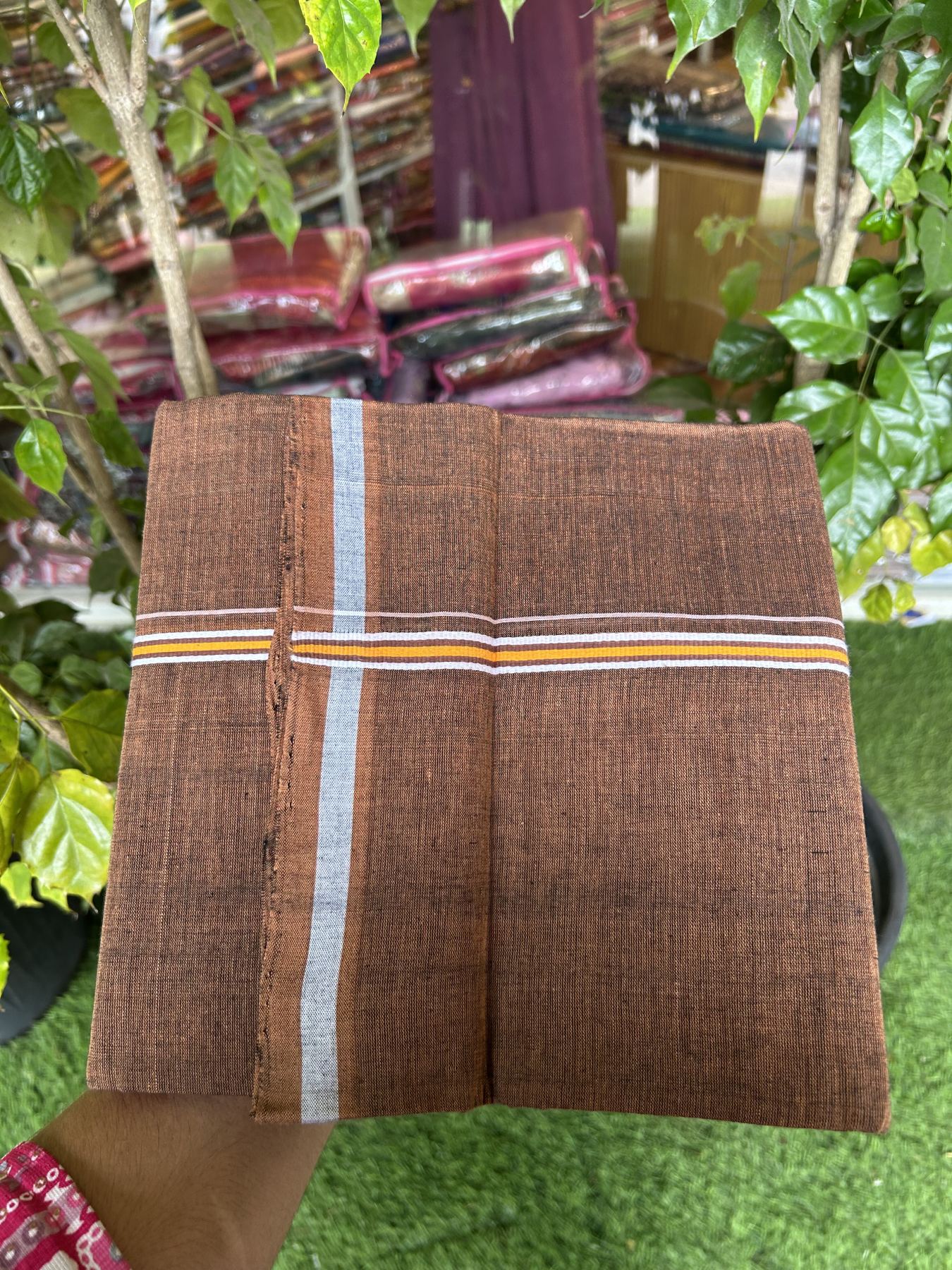 Handloom Single Hallmarked - 10% Discount ! KaithariKada 100% Pure Cotton - Mundu/Dhoti 0.5 inch Light Orange & White striped Kara with Brown colour Body - (2 meter / 4 muzham) - 76 KK8044 ELA