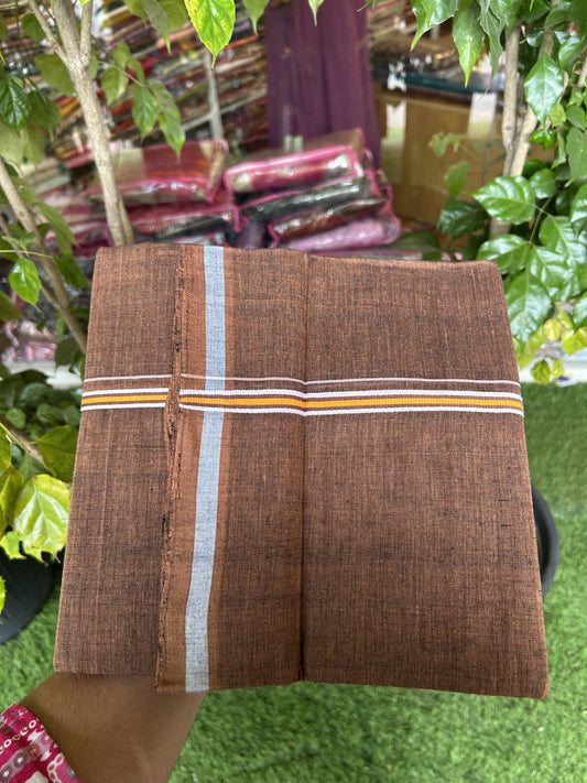 Handloom Single Hallmarked - 10% Discount ! KaithariKada 100% Pure Cotton - Mundu/Dhoti 0.5 inch Light Orange & White striped Kara with Brown colour Body - (2 meter / 4 muzham) - 76 KK8044 ELA