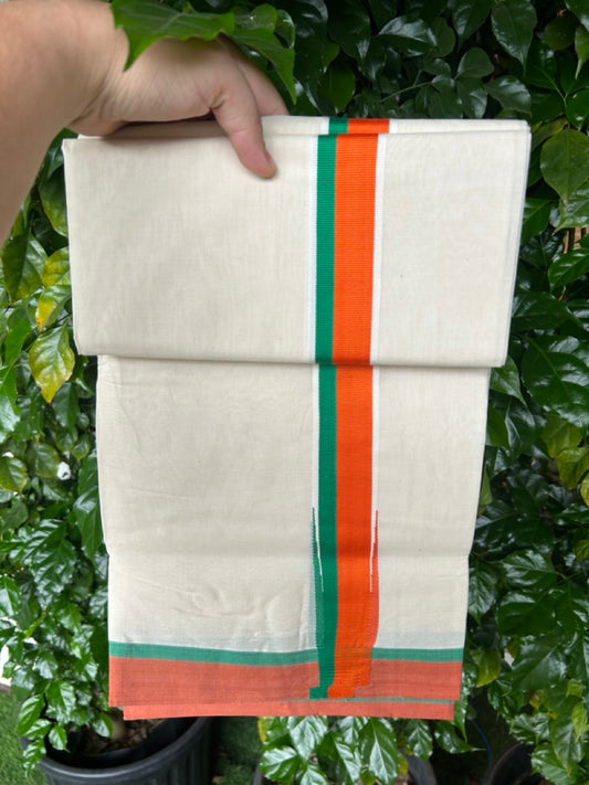 BJP VESHTI - 20% DISCOUNT! KaithariKada 100% Cotton off white Double - (Unbleached) Mundu/Dhoti - 100X80 - 1.5 inch Puliyilakkara Orange & Green Chutty Kara - 4mtr (8.5 muzham)- 2KK5238 ASH