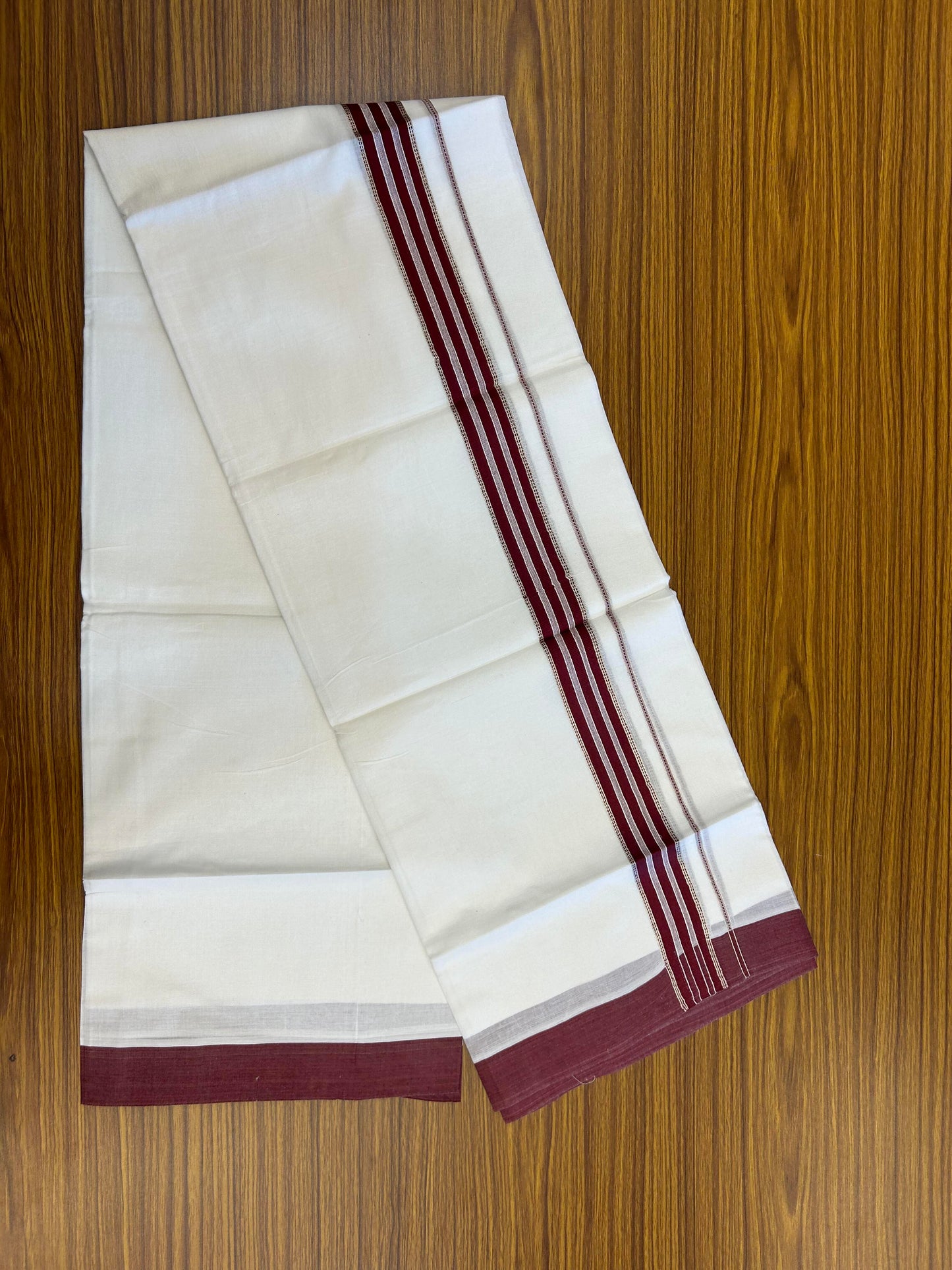 20% Discount ! Kaitharikada Balaramapuram 100% Cotton Pure White Double Mundu/Dothi - 100x80 - 1.5 inch Silver Kasav & Maroon Striped Kara 3.90 m (8 muzham) - 65 KK5364 MC