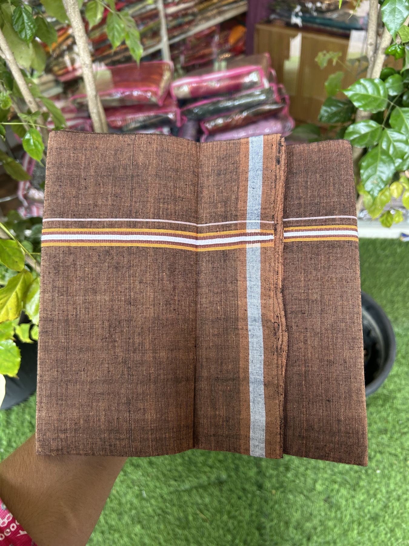 Handloom Single Hallmarked - 10% Discount ! KaithariKada 100% Pure Cotton - Mundu/Dhoti 0.5 inch Light Orange & White striped Kara with Brown colour Body - (2 meter / 4 muzham) - 77 KK8044 ELA