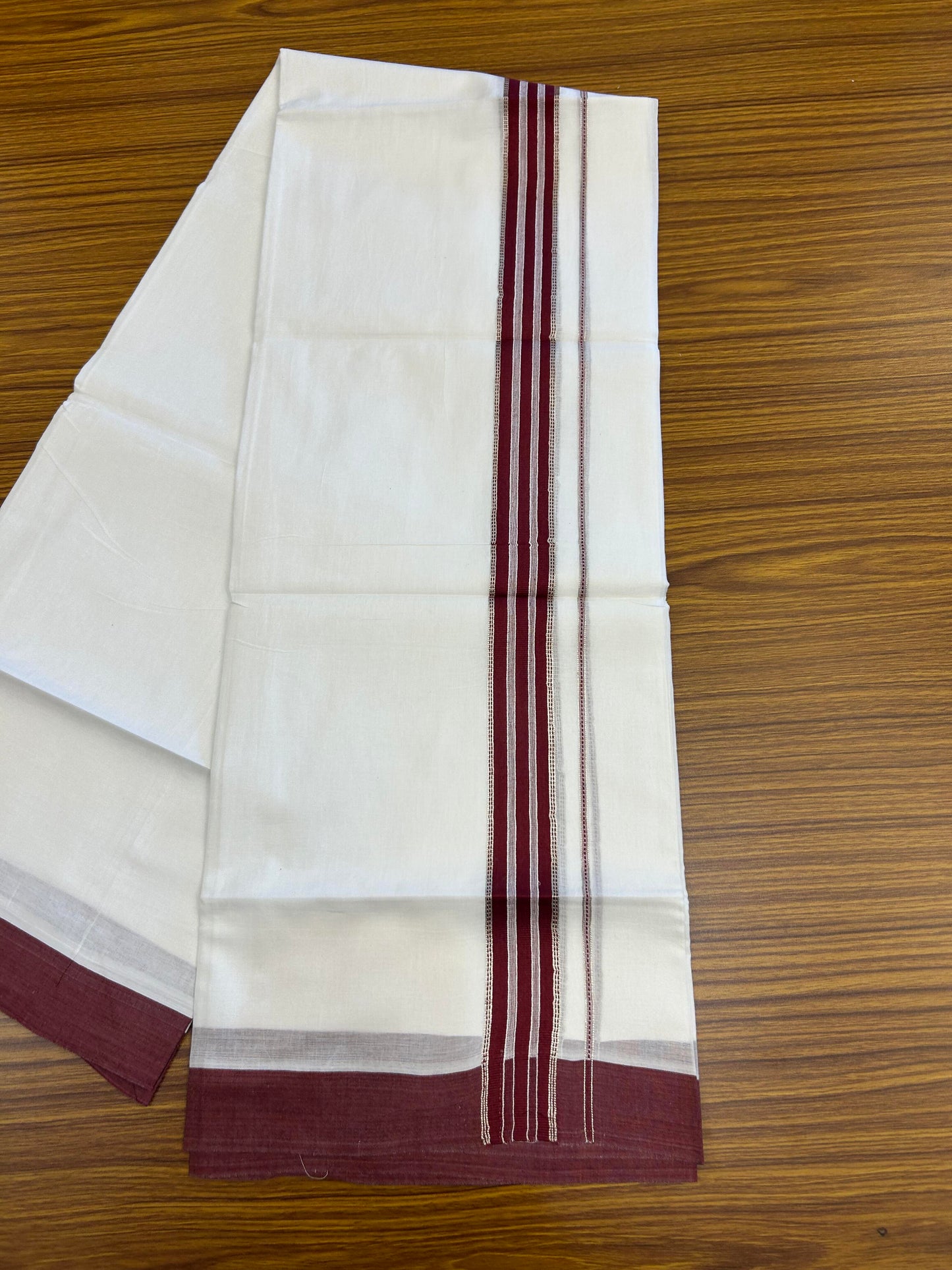 20% Discount ! Kaitharikada Balaramapuram 100% Cotton Pure White Double Mundu/Dothi - 100x80 - 1.5 inch Silver Kasav & Maroon Striped Kara 3.90 m (8 muzham) - 65 KK5364 MC