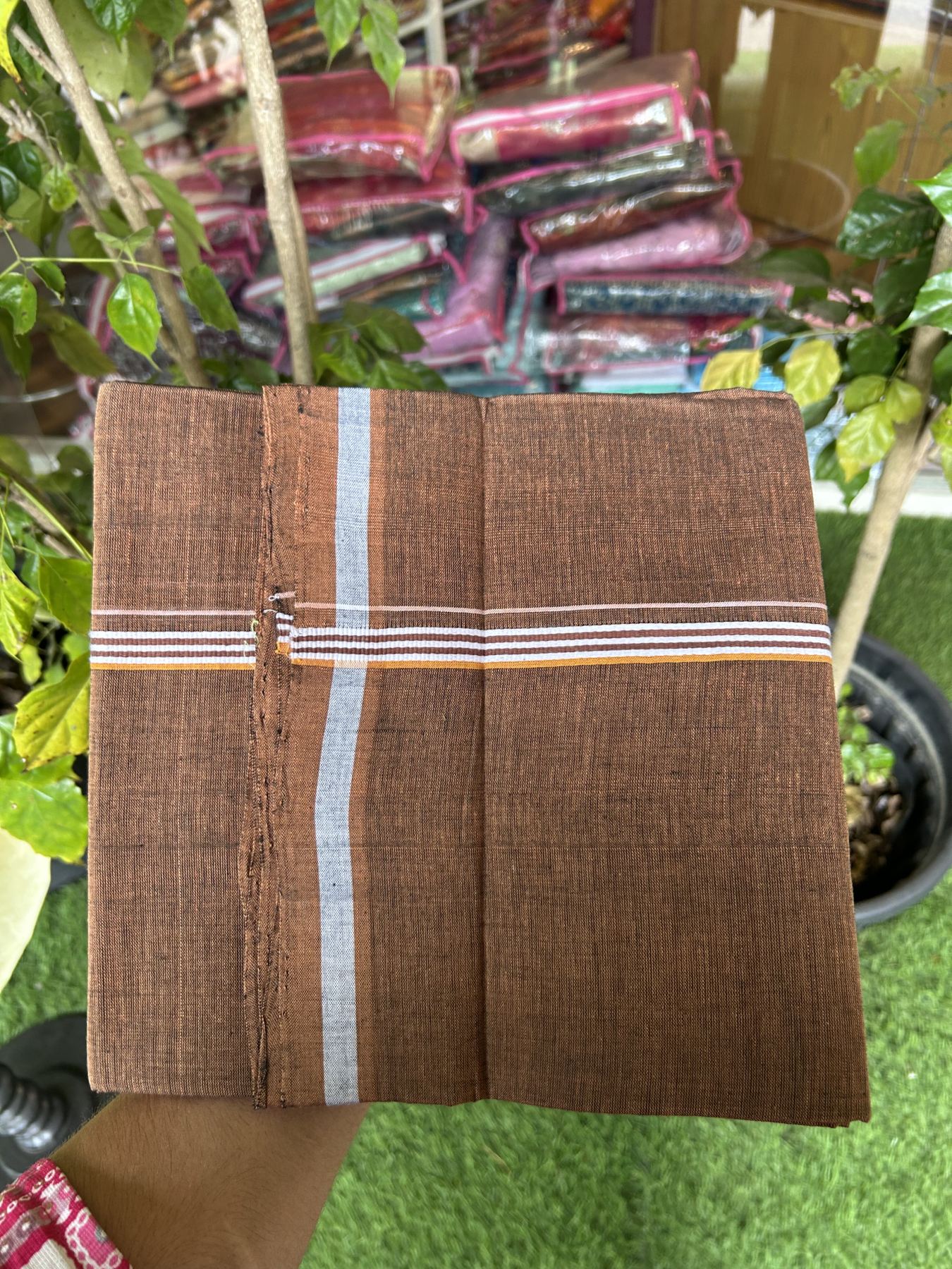 Handloom Single Hallmarked - 10% Discount ! KaithariKada 100% Pure Cotton - Mundu/Dhoti 0.5 inch Light Orange & White striped Kara with Brown colour Body - (2 meter / 4 muzham) - 80 KK8044 ELA