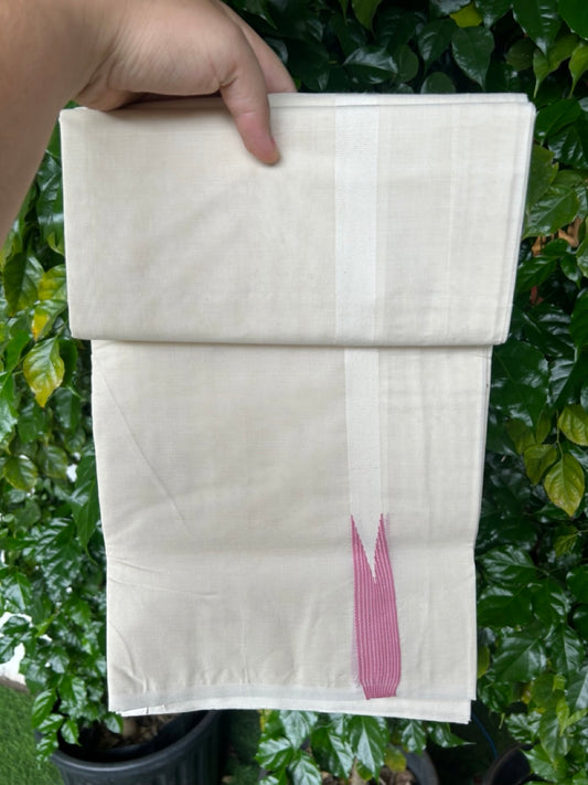 29% DISCOUNT ! KaithariKada Balaramapuram 100% COTTON Double OFF WHITE (Unbleached) Mundu/Dhoti- 100x100 - 1 inch Puliyilakkara Baby Pink Striped Chutty Kara - 4mtr (8.5 muzham)- 4KK5238 ASH