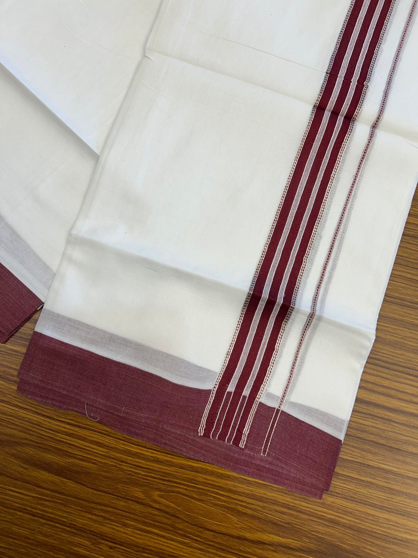 20% Discount ! Kaitharikada Balaramapuram 100% Cotton Pure White Double Mundu/Dothi - 100x80 - 1.5 inch Silver Kasav & Maroon Striped Kara 3.90 m (8 muzham) - 65 KK5364 MC