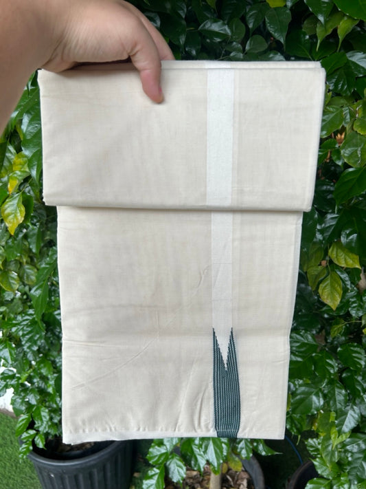 29% DISCOUNT ! KaithariKada Balaramapuram 100% COTTON Double OFF WHITE (Unbleached) Mundu/Dhoti- 100x100 - 0.75 inch Puliyilakkara Peacock Green Striped Chutty Kara - 4mtr (8.5 muzham)- 5KK5238 ASH