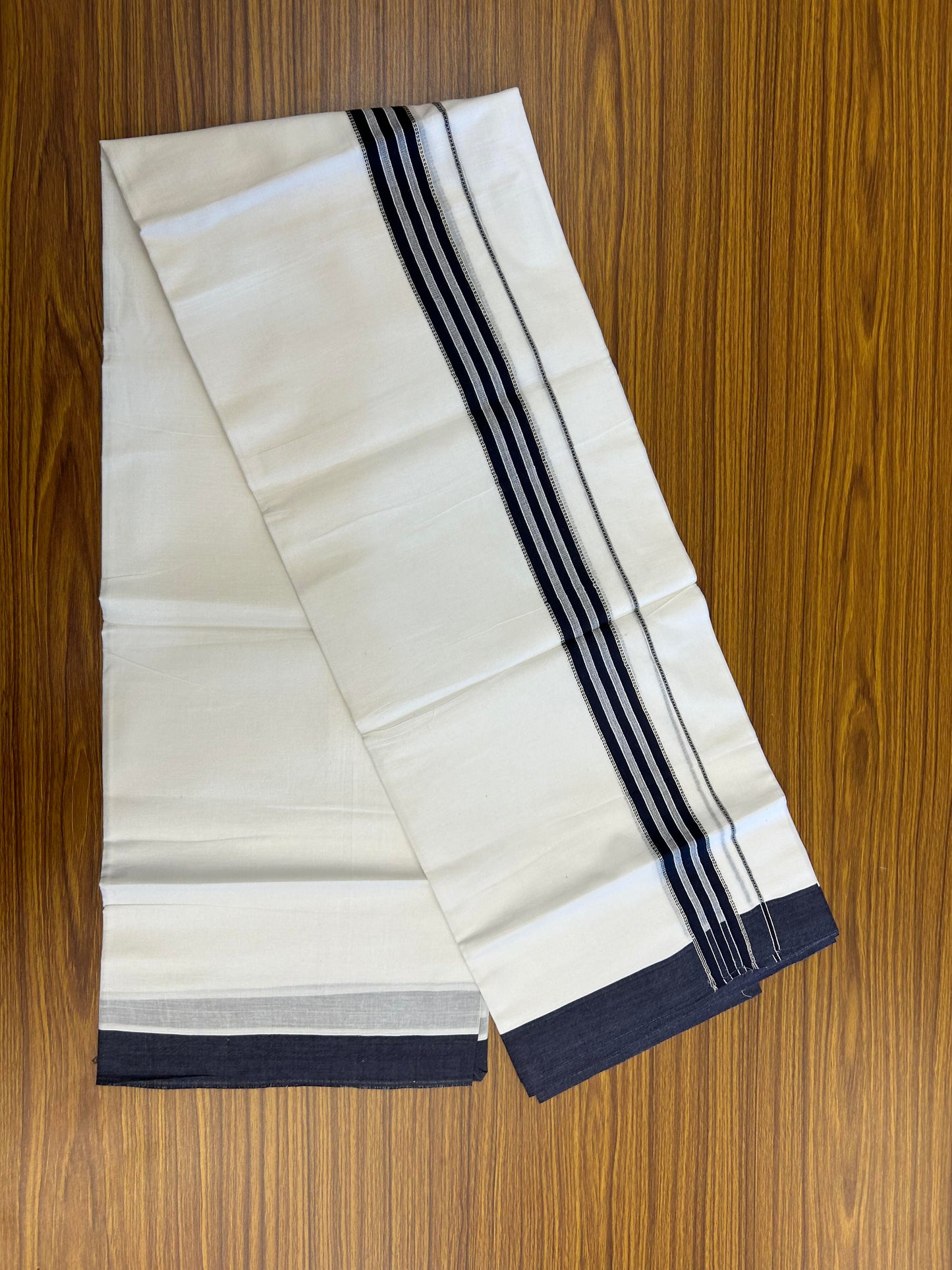 20% Discount ! Kaitharikada Balaramapuram 100% Cotton Pure White Double Mundu/Dothi - 100x80 - 1.5 inch Silver Kasav & Navy Blue Striped Kara 3.90 m (8 muzham) - 69 KK5364 MC