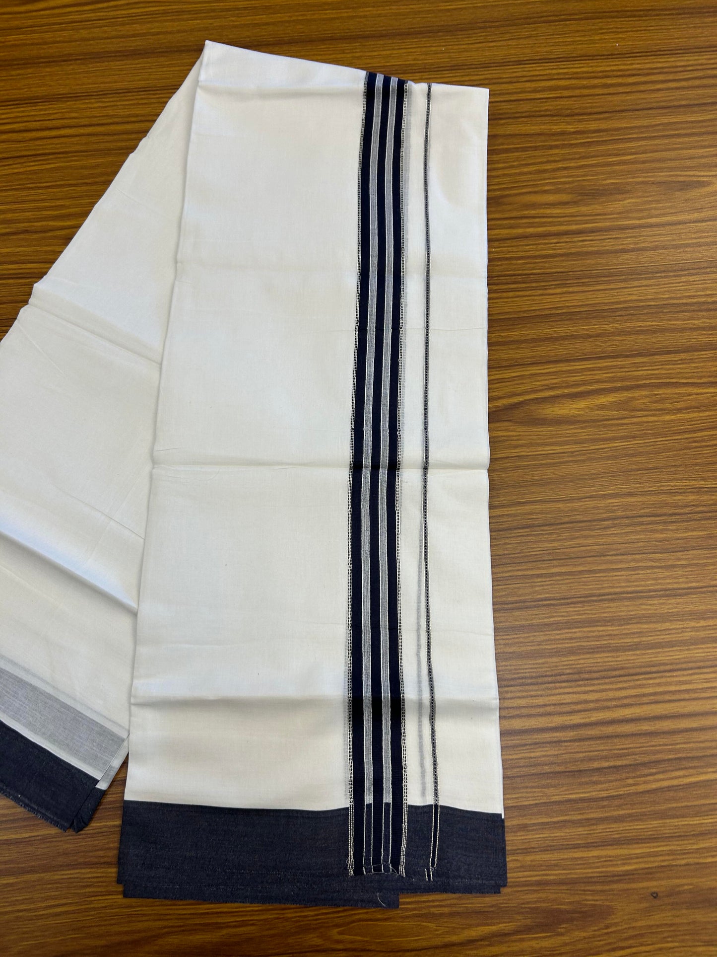 20% Discount ! Kaitharikada Balaramapuram 100% Cotton Pure White Double Mundu/Dothi - 100x80 - 1.5 inch Silver Kasav & Navy Blue Striped Kara 3.90 m (8 muzham) - 69 KK5364 MC