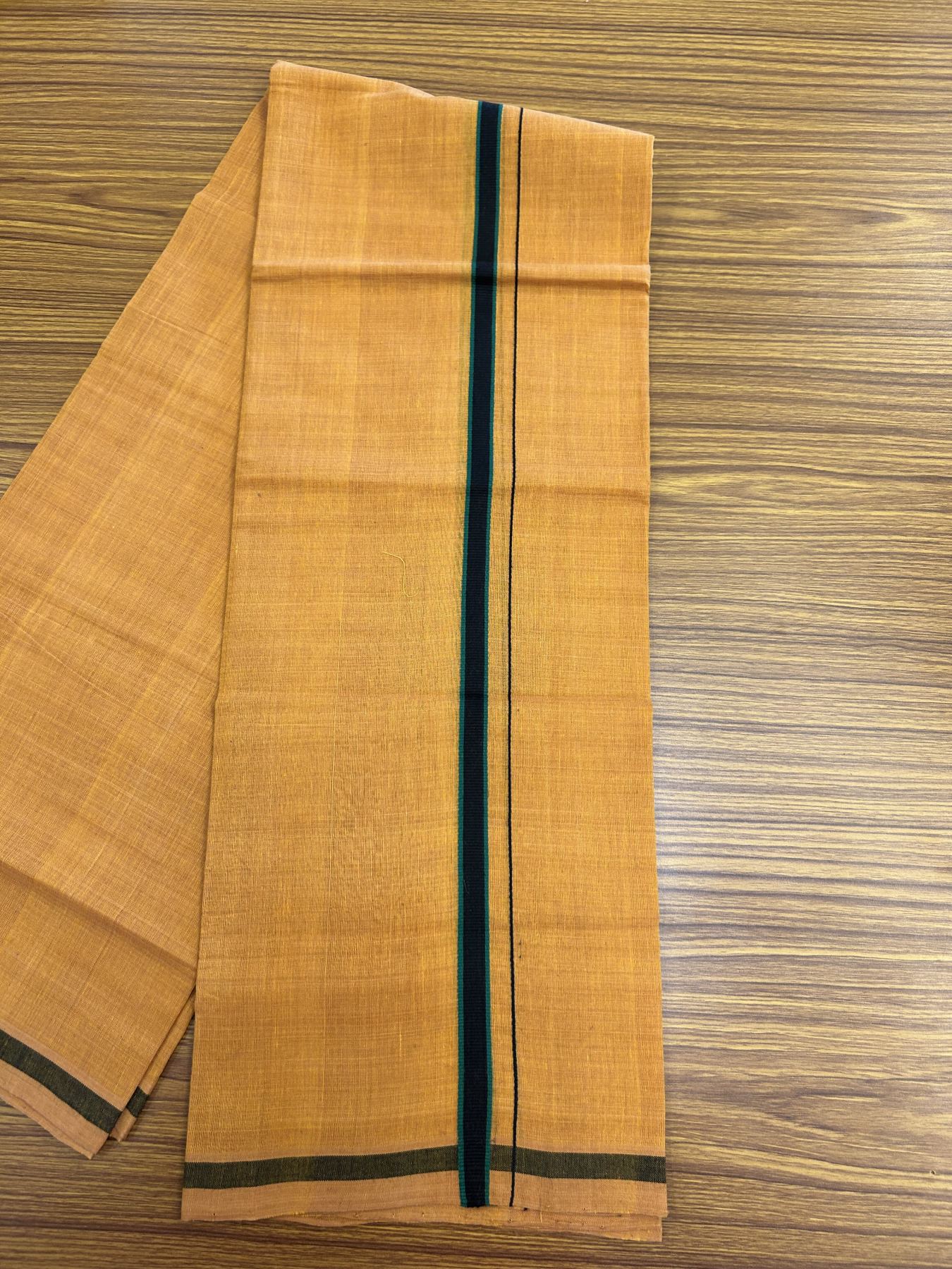 Handloom Single Hallmarked - 10% Discount ! KaithariKada 100% Pure Cotton - Mundu/Dhoti 0.5 inch Black & Green Kara with Kavi colour Body - (2 meter / 4 muzham) - 56 KK8044 ELA