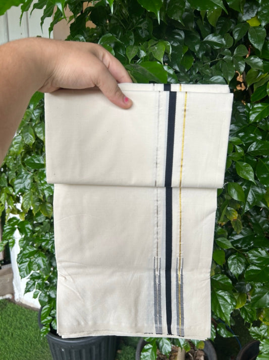 20% Discount!! KaithariKada Balaramapuram 100% COTTON SINGLE OFF WHITE - (Unbleached) Mundu/Dhoti - 100X100 - 1 cm Puliyilakkara Black Silver Kasavu & Gold Kasavu Double Chutty Kara(2 meter / 4 muzham) - 14KK5238 ASH