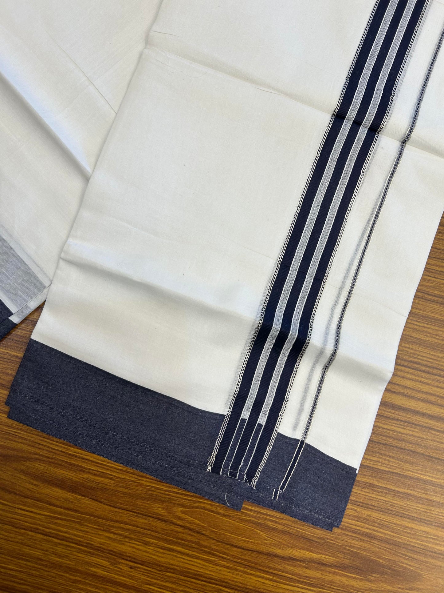 20% Discount ! Kaitharikada Balaramapuram 100% Cotton Pure White Double Mundu/Dothi - 100x80 - 1.5 inch Silver Kasav & Navy Blue Striped Kara 3.90 m (8 muzham) - 69 KK5364 MC