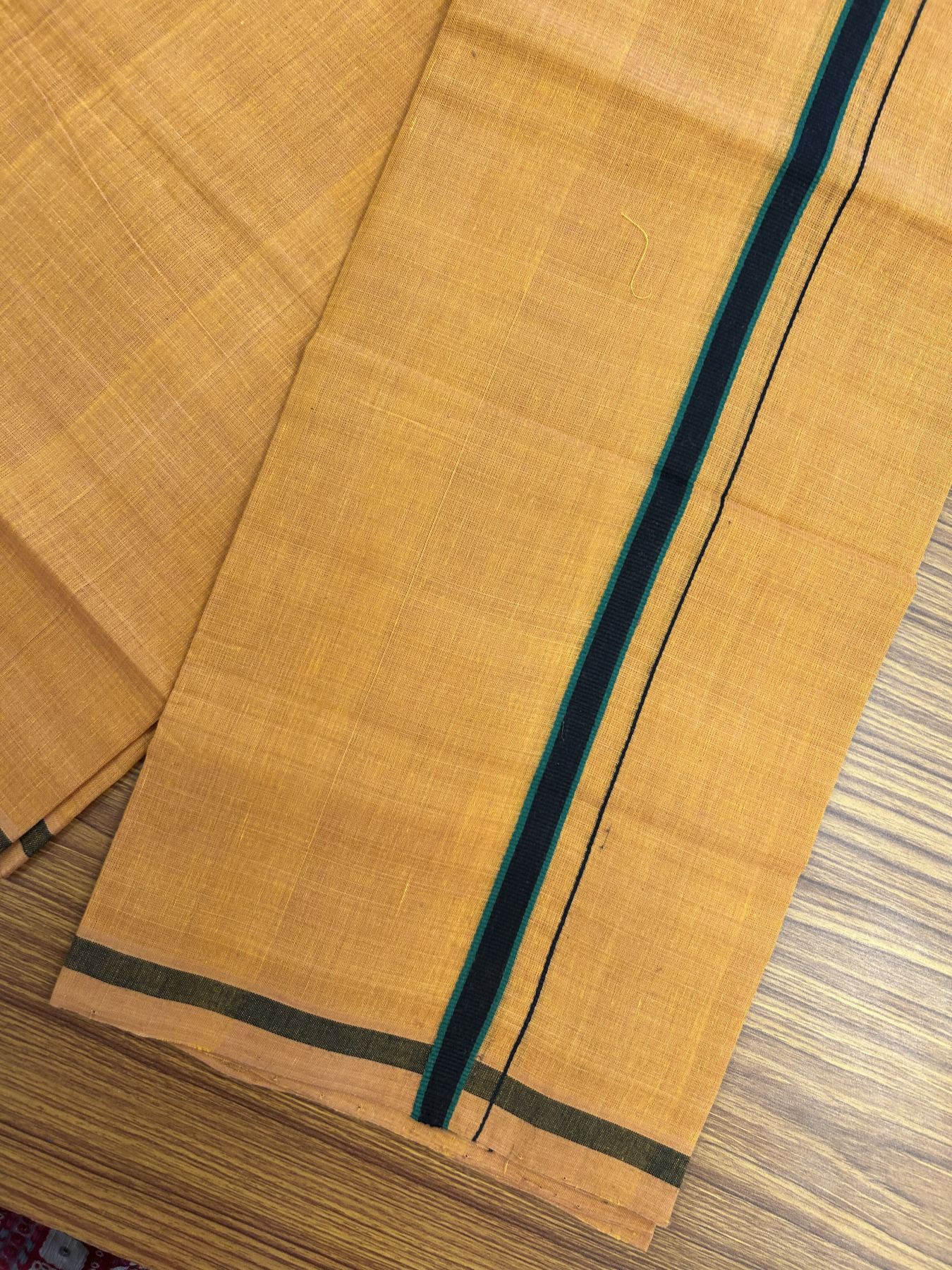 Handloom Single Hallmarked - 10% Discount ! KaithariKada 100% Pure Cotton - Mundu/Dhoti 0.5 inch Black & Green Kara with Kavi colour Body - (2 meter / 4 muzham) - 56 KK8044 ELA