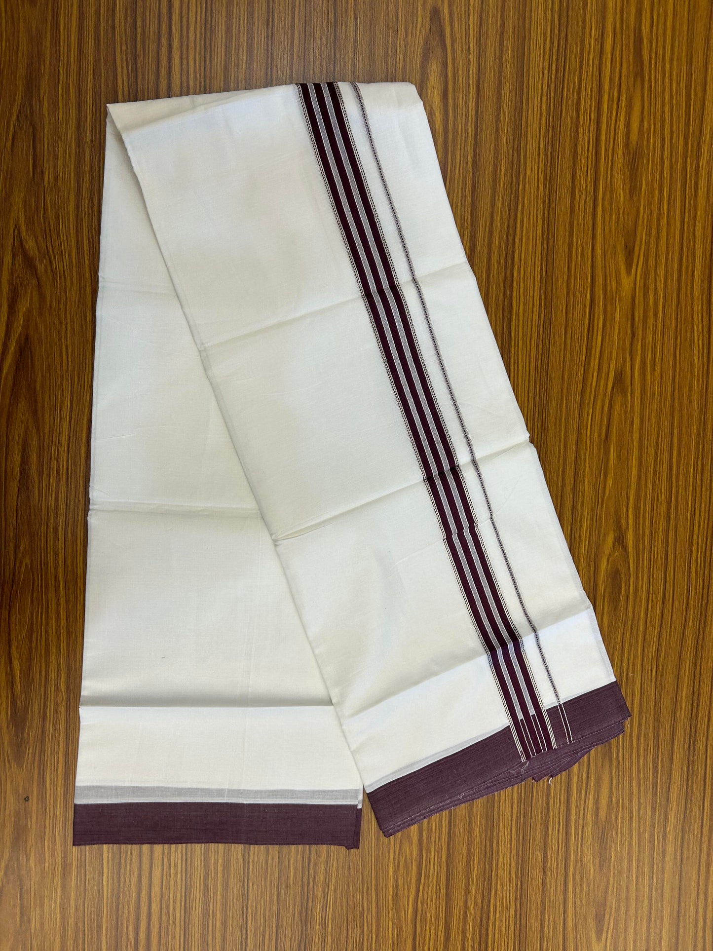 20% Discount ! Kaitharikada Balaramapuram 100% Cotton Pure White Double Mundu/Dothi - 100x80 - 1.5 inch Silver Kasav & Wine Purple Striped Kara 3.90 m (8 muzham) - 66 KK5364 MC