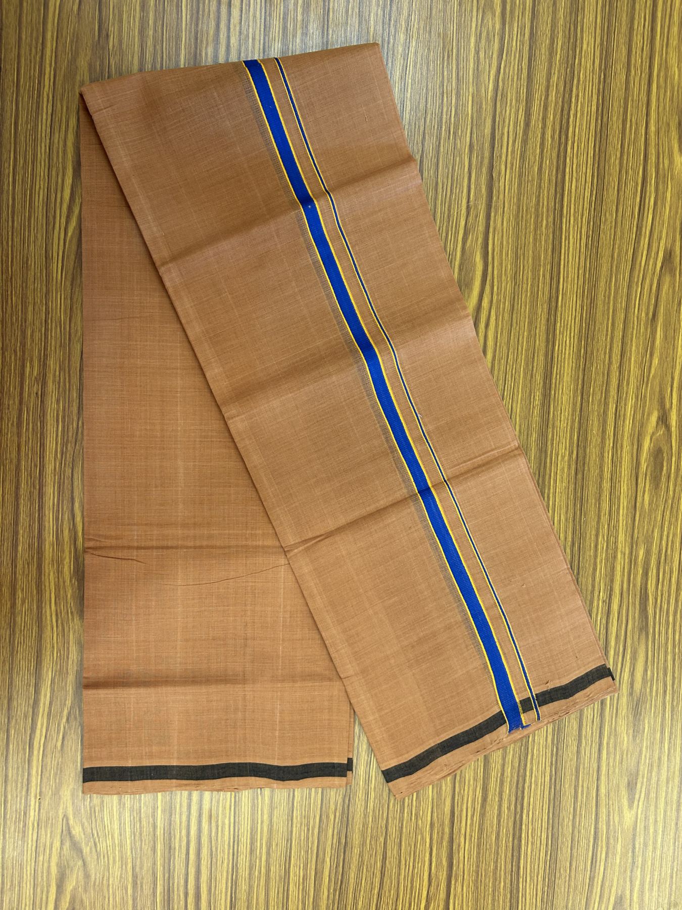 Handloom Single Hallmarked - 10% Discount ! KaithariKada 100% Pure Cotton - Mundu/Dhoti 0.5 inch Blue & Light Orange Kara with Kavi colour Body - (2 meter / 4 muzham) - 59 KK8044 ELA