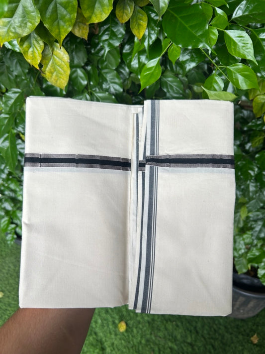 20% Discount!! KaithariKada Balaramapuram 100% COTTON SINGLE OFF WHITE - (Unbleached) Mundu/Dhoti - 100X100 -0.75 inch Silver Kasavu & Black Striped Kara(2 meter / 4 muzham) - 12KK5238 ASH