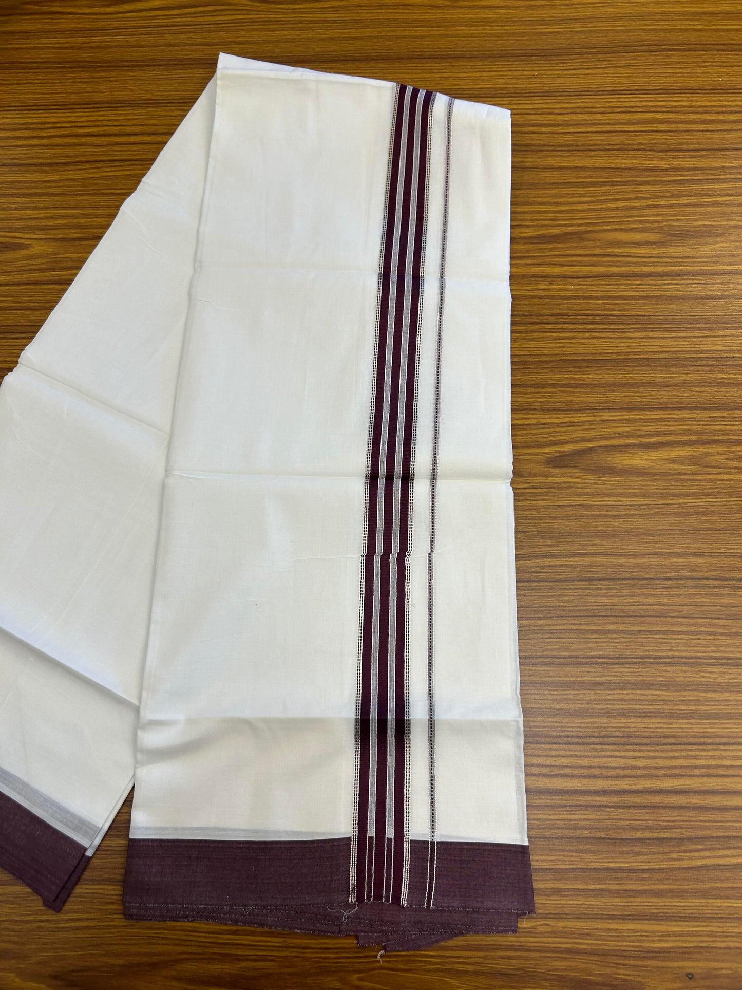 20% Discount ! Kaitharikada Balaramapuram 100% Cotton Pure White Double Mundu/Dothi - 100x80 - 1.5 inch Silver Kasav & Wine Purple Striped Kara 3.90 m (8 muzham) - 66 KK5364 MC