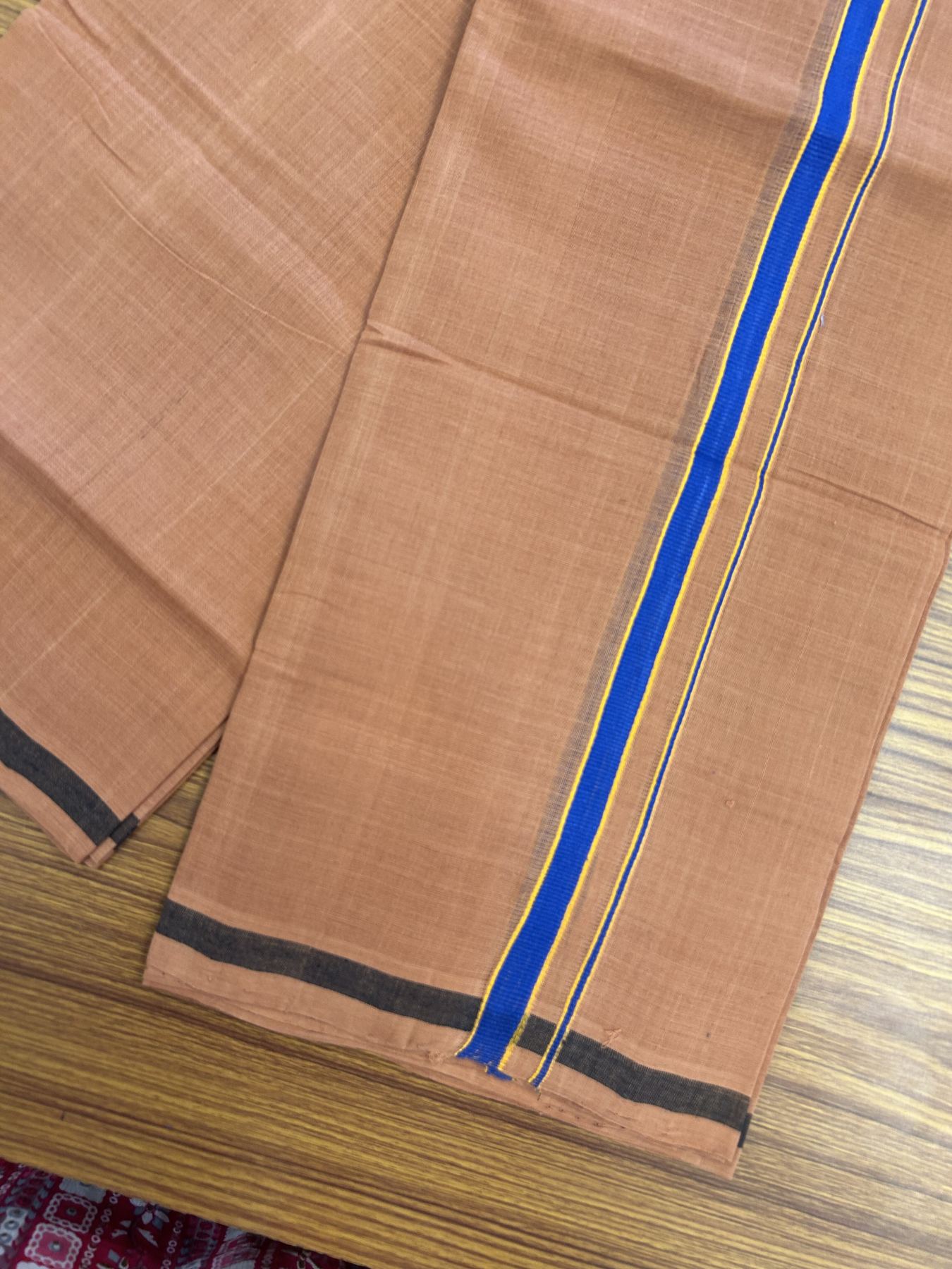 Handloom Single Hallmarked - 10% Discount ! KaithariKada 100% Pure Cotton - Mundu/Dhoti 0.5 inch Blue & Light Orange Kara with Kavi colour Body - (2 meter / 4 muzham) - 59 KK8044 ELA