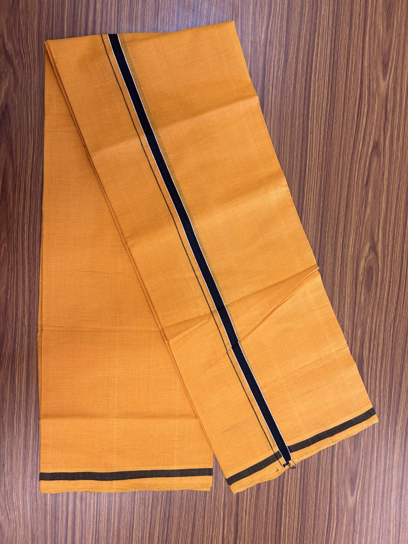 Handloom Single Hallmarked - 10% Discount !! KaithariKada 100% Pure Cotton - Mundu/Dhoti 1 cm Black Kara with Light Orange colour Body - (2 meter / 4 muzham) - 29 KK8044 ELA