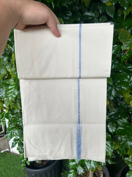 20% Discount!! KaithariKada Balaramapuram 100% COTTON SINGLE OFF WHITE - (Unbleached) Mundu/Dhoti - 100X100 - 1 cm Puliyilakkara Silver Kasavu & Lavender Blue Chutty Kara(2 meter / 4 muzham) - 10KK5238 ASH