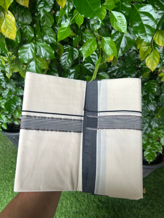 20% Discount KaithariKada Balaramapuram 100% Cotton Double Off white - (Unbleached) - Mundu/Dhoti - 100x100 - 1 inch Silver Kasav & Black Striped Kara - 4mtr (8.5 muzham)- 6KK5238 ASH