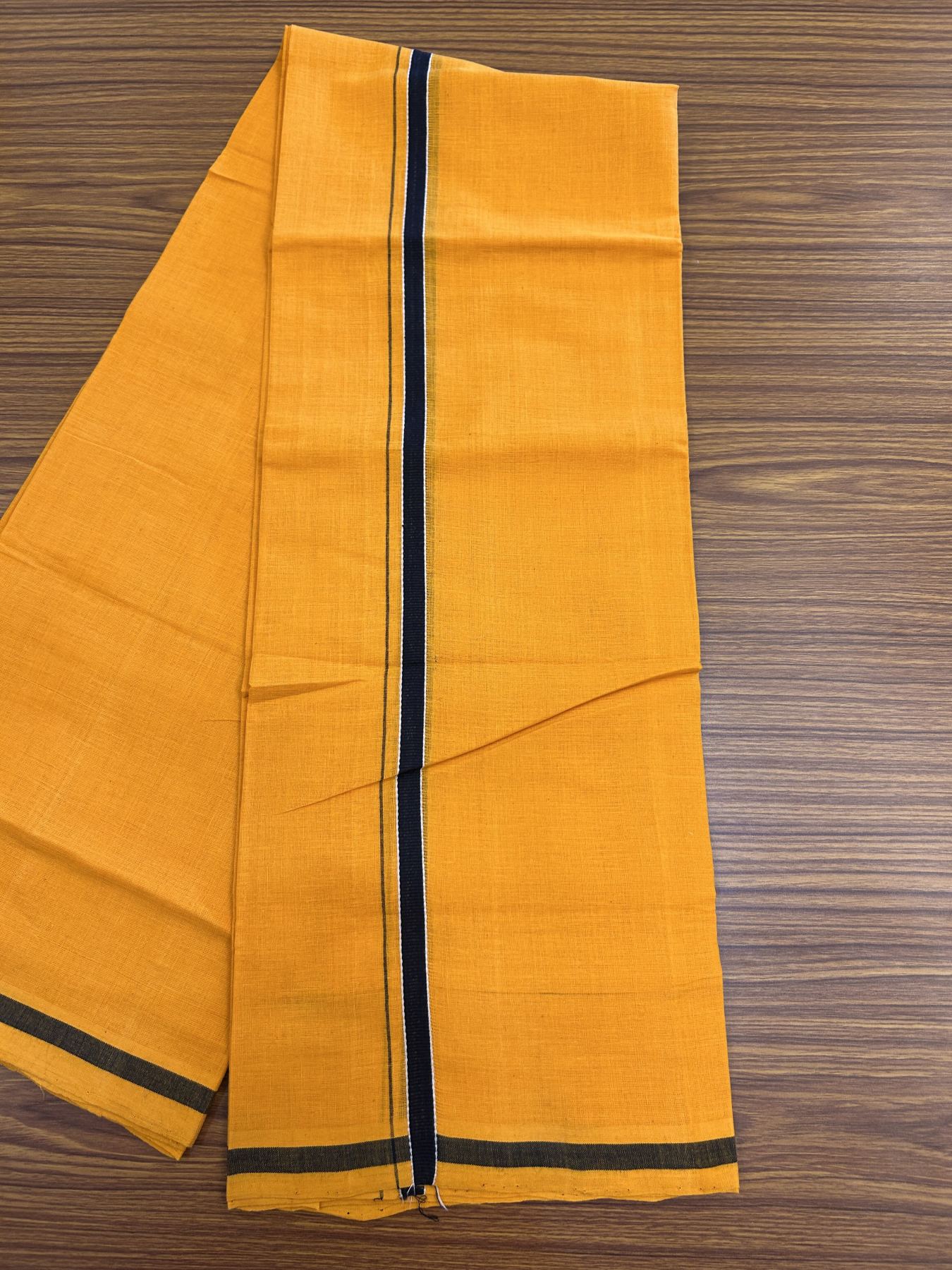 Handloom Single Hallmarked - 10% Discount !! KaithariKada 100% Pure Cotton - Mundu/Dhoti 1 cm Black Kara with Light Orange colour Body - (2 meter / 4 muzham) - 30 KK8044 ELA