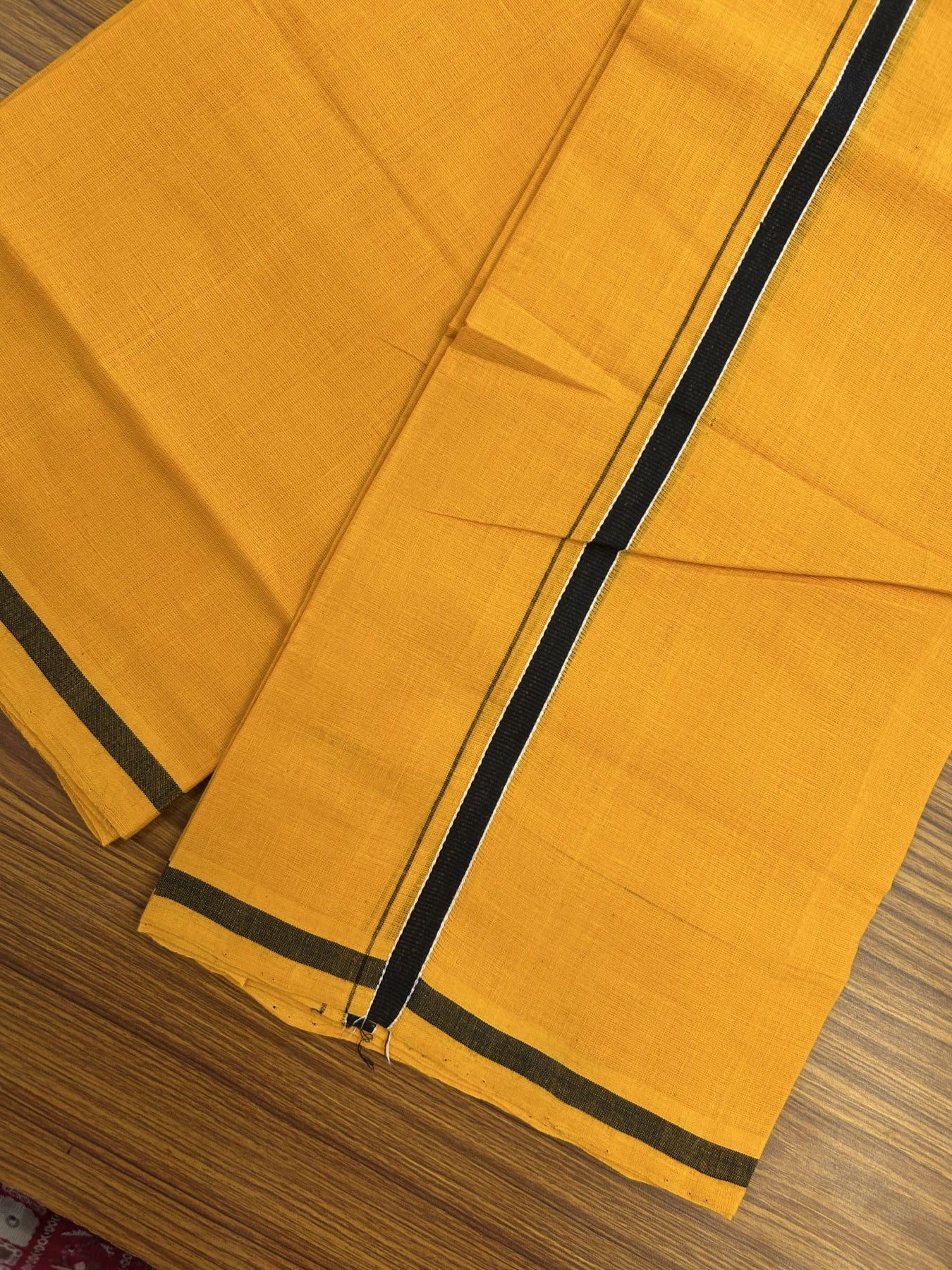 Handloom Single Hallmarked - 10% Discount !! KaithariKada 100% Pure Cotton - Mundu/Dhoti 1 cm Black Kara with Light Orange colour Body - (2 meter / 4 muzham) - 29 KK8044 ELA