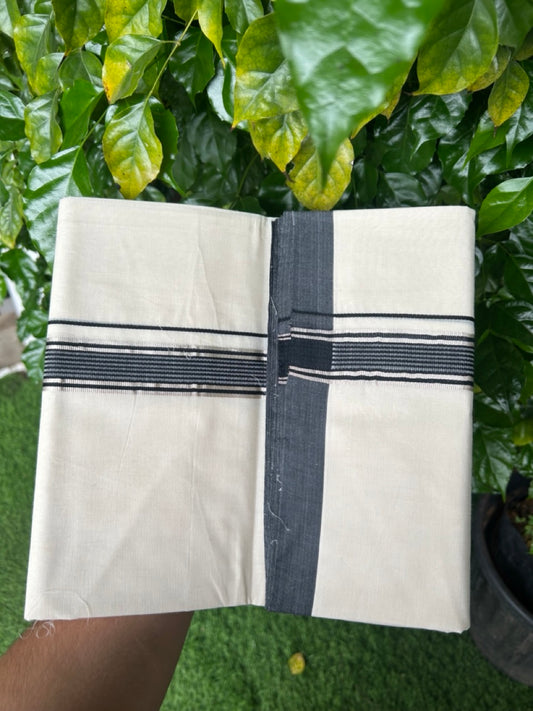 20% Discount KaithariKada Balaramapuram 100% Cotton Double Off white - (Unbleached) - Mundu/Dhoti - 100x100 - 1.25 inch Silver Kasav & Black Striped Kara - 4mtr (8.5 muzham)- 9KK5238 ASH