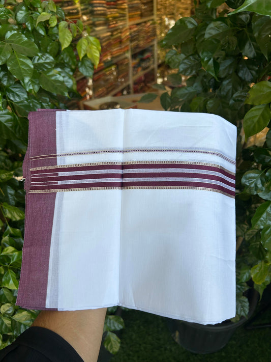 20% Discount ! Kaitharikada Balaramapuram 100% Cotton Pure White Double Mundu/Dothi - 100x80 - 1.5 inch Silver Kasav & Wine Purple Striped Kara 3.90 m (8 muzham) - 66 KK5364 MC