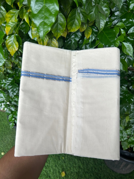 NEW !! 20% DISCOUNT!! KaithariKada Balaramapuram 100% Cotton Double Off white - (Unbleached) Mundu/Dhoti-100x100 - 1.5 cm Silver Kasavu & Blue Shaded Striped Design KARA - 4.36 mtr (9.34 Muzham) - 8KK5238 ASH