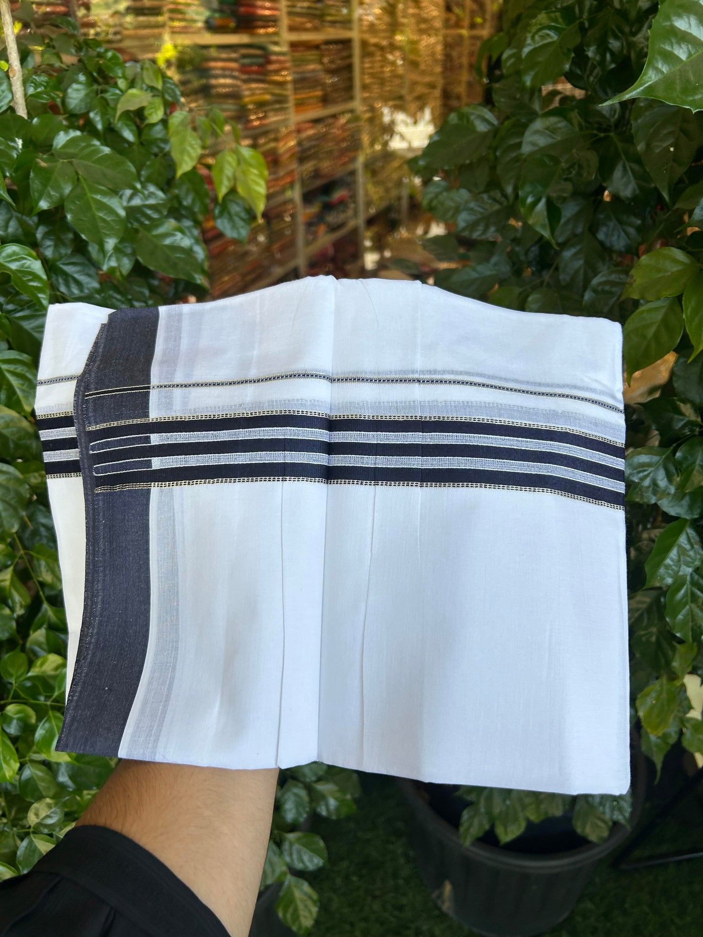 20% Discount ! Kaitharikada Balaramapuram 100% Cotton Pure White Double Mundu/Dothi - 100x80 - 1.5 inch Silver Kasav & Navy Blue Striped Kara 3.90 m (8 muzham) - 69 KK5364 MC