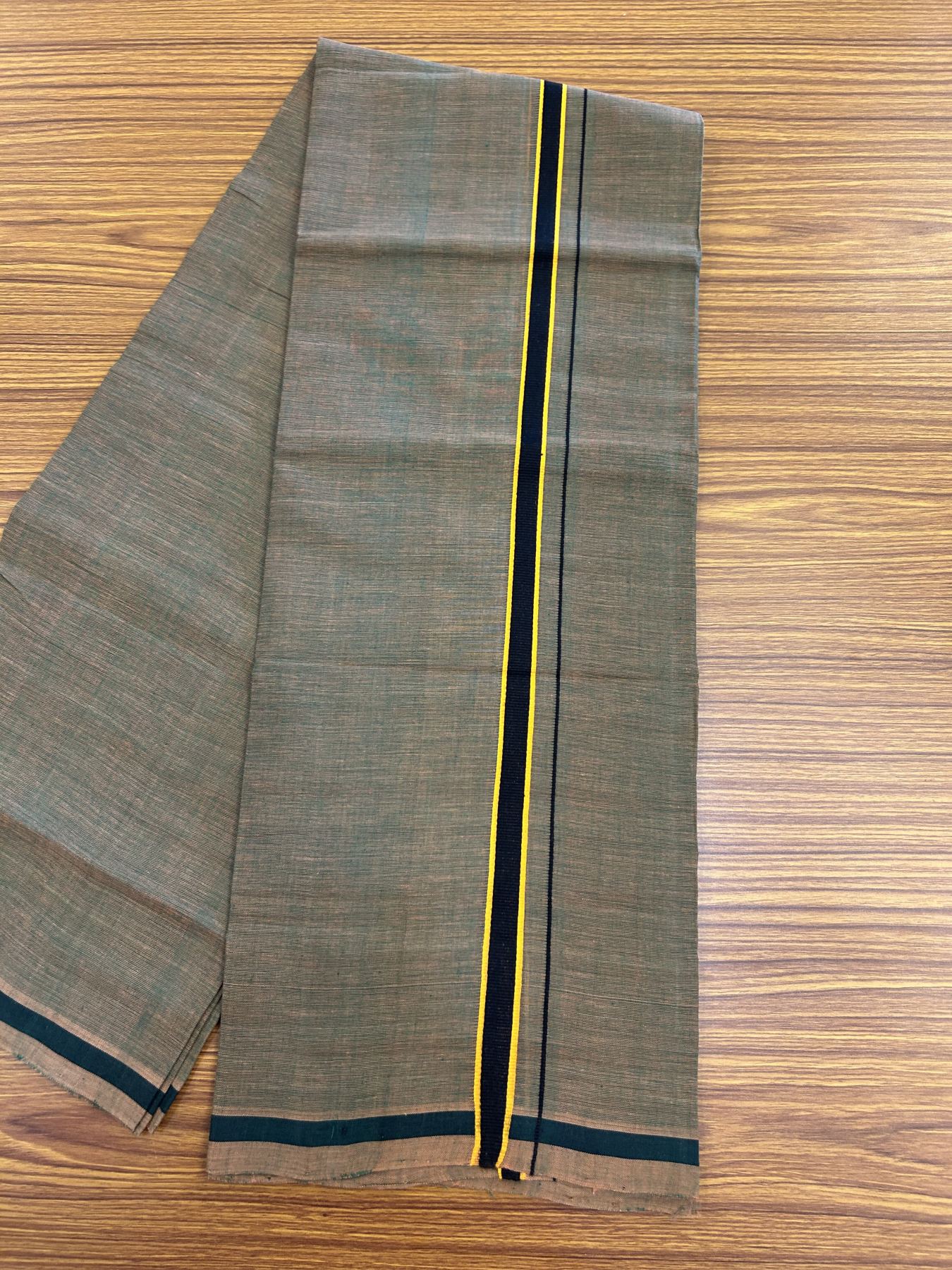 Handloom Single Hallmarked - 10% Discount !! KaithariKada 100% Pure Cotton - Mundu/Dhoti Sage Green Body & 1.5 cm Black & Light Orange Kara - (2 meter / 4 muzham) - 3 KK8044 ELA