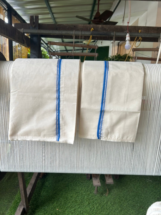 20% Discount!! KaithariKada Balaramapuram - 100% PURE Cotton Off White  (Unbleached) Mundu/Dhoti & Neriyath set - 1.5 cm Silver Kasavu & Blue Design Kara - 15KK5238 ASH