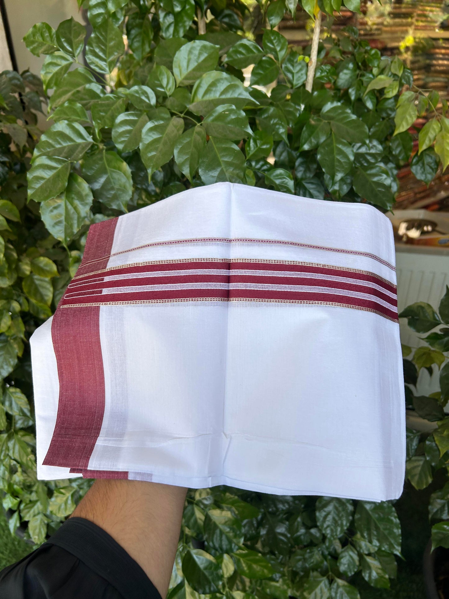20% Discount ! Kaitharikada Balaramapuram 100% Cotton Pure White Double Mundu/Dothi - 100x80 - 1.5 inch Silver Kasav & Maroon Striped Kara 3.90 m (8 muzham) - 65 KK5364 MC