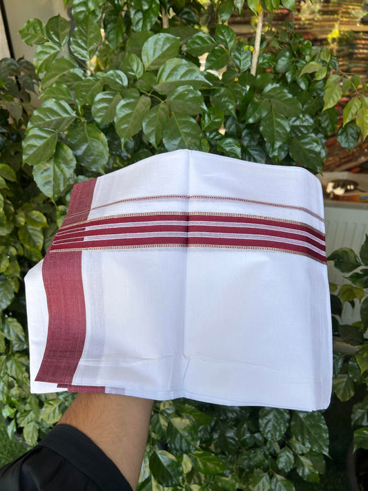 20% Discount ! Kaitharikada Balaramapuram 100% Cotton Pure White Double Mundu/Dothi - 100x80 - 1.5 inch Silver Kasav & Maroon Striped Kara 3.90 m (8 muzham) - 65 KK5364 MC