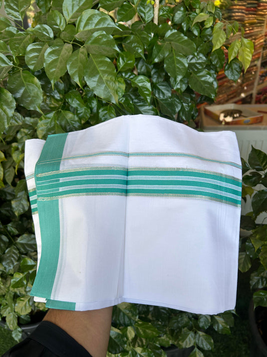 20% Discount ! Kaitharikada Balaramapuram 100% Cotton Pure White Double Mundu/Dothi - 100x80 - 1.5 inch Silver Kasav & Persian Green Striped Kara 3.90 m (8 muzham) - 64 KK5364 MC