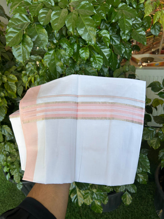 20% Discount ! Kaitharikada Balaramapuram 100% Cotton Pure White Double Mundu/Dothi - 100x80 - 1.5 inch Silver Kasav & Peach Striped Kara 3.90 m (8 muzham) - 67 KK5364 MC