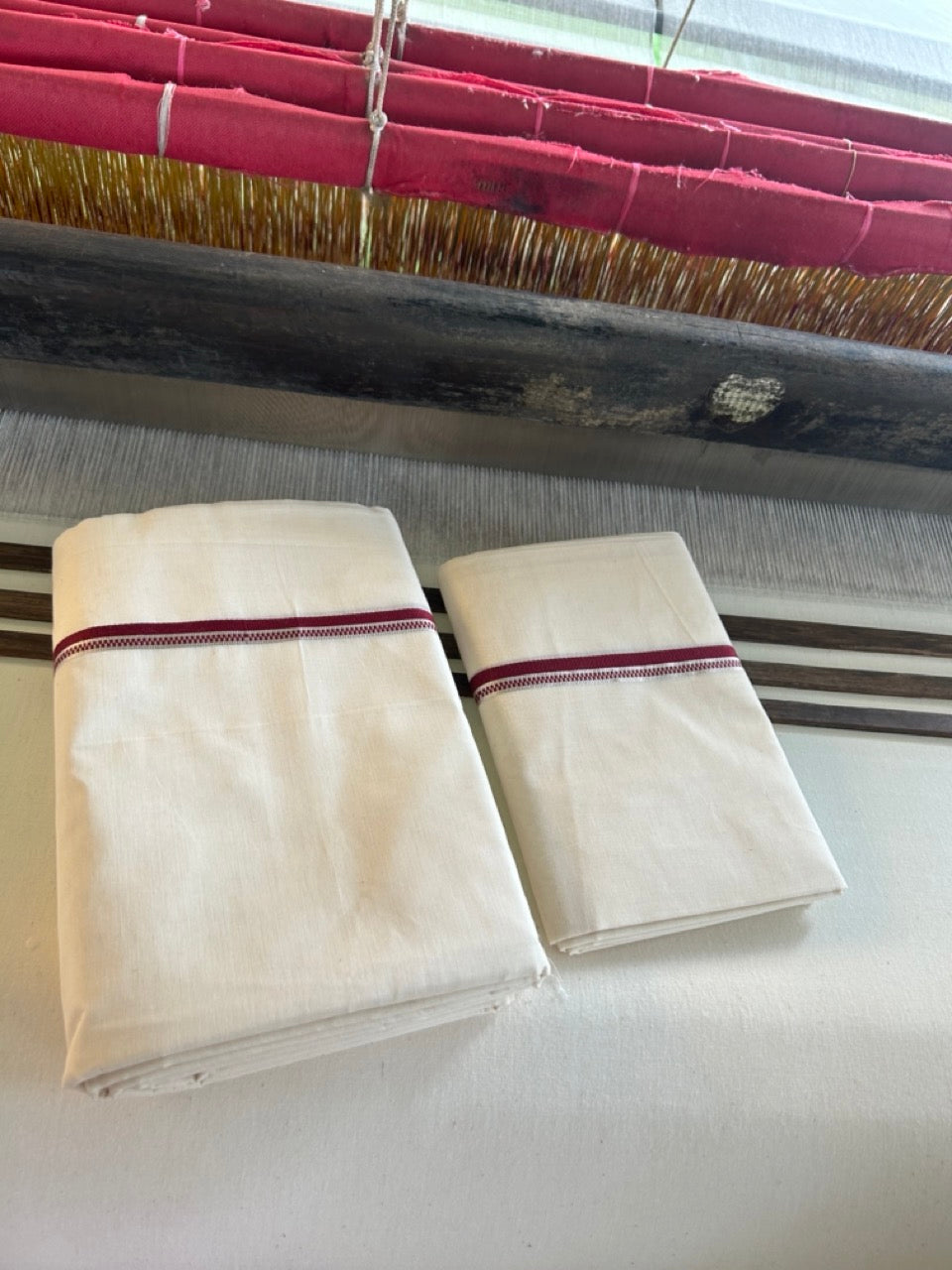 20% Discount!! KaithariKada Balaramapuram - 100% PURE Cotton Off White  (Unbleached) Mundu/Dhoti & Neriyath set - 1.5 cm Silver Kasavu & Maroon Design Kara - 17KK5238 ASH
