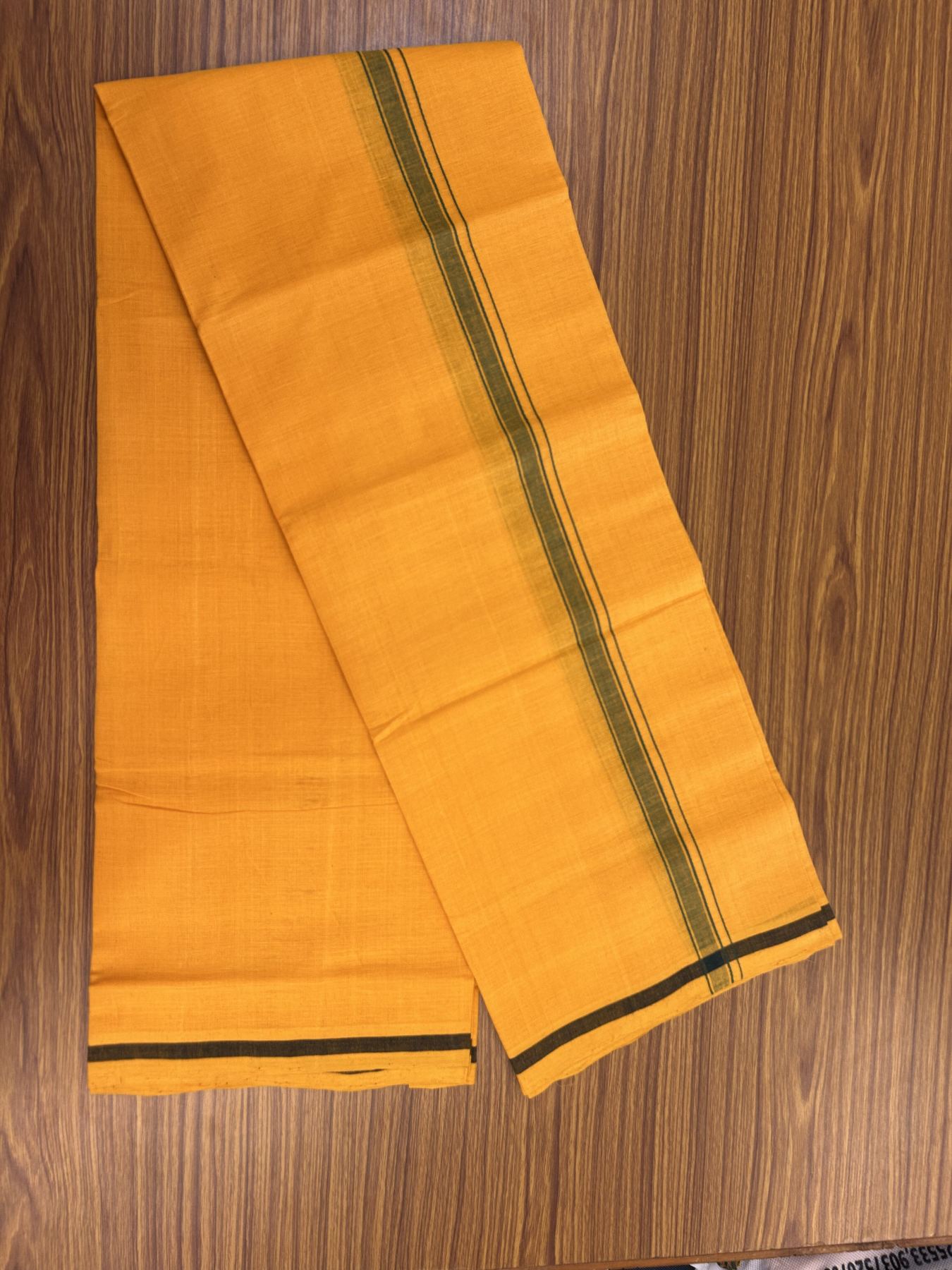 Handloom Single Hallmarked - 10% Discount !! KaithariKada 100% Pure Cotton - Mundu/Dhoti 1.5 cm Green Kara with Light Orange colour Body - (2 meter / 4 muzham) - 31 KK8044 ELA