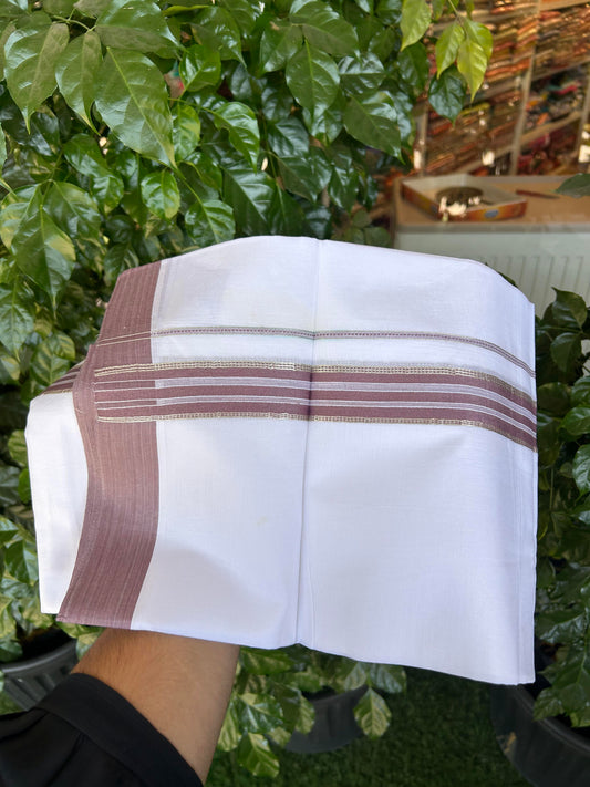 20% Discount ! Kaitharikada Balaramapuram 100% Cotton Pure White Double Mundu/Dothi - 100x80 - 1.5 inch Silver Kasav & Purple Brown Striped Kara 3.90 m (8 muzham) - 71 KK5364 MC