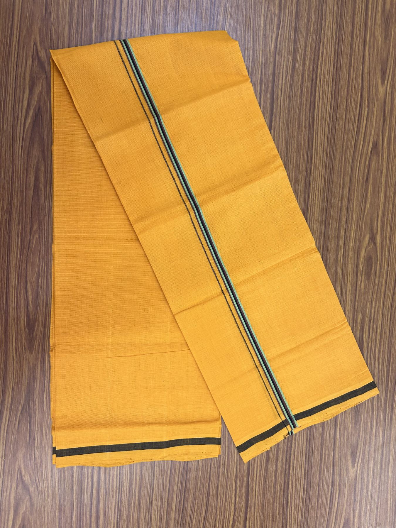 Handloom Single Hallmarked - 10% Discount !! KaithariKada 100% Pure Cotton - Mundu/Dhoti 1 cm Green Brown & Black Kara with Light Orange colour Body - (2 meter / 4 muzham) - 32 KK8044 ELA