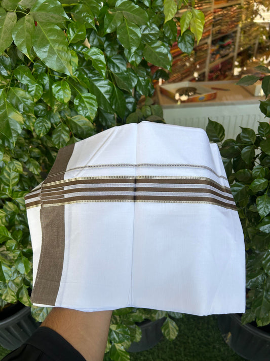20% Discount ! Kaitharikada Balaramapuram 100% Cotton Pure White Double Mundu/Dothi - 100x80 - 1.5 inch Silver Kasav & Olive Brown Striped Kara 3.90 m (8 muzham) - 76 KK5364 MC