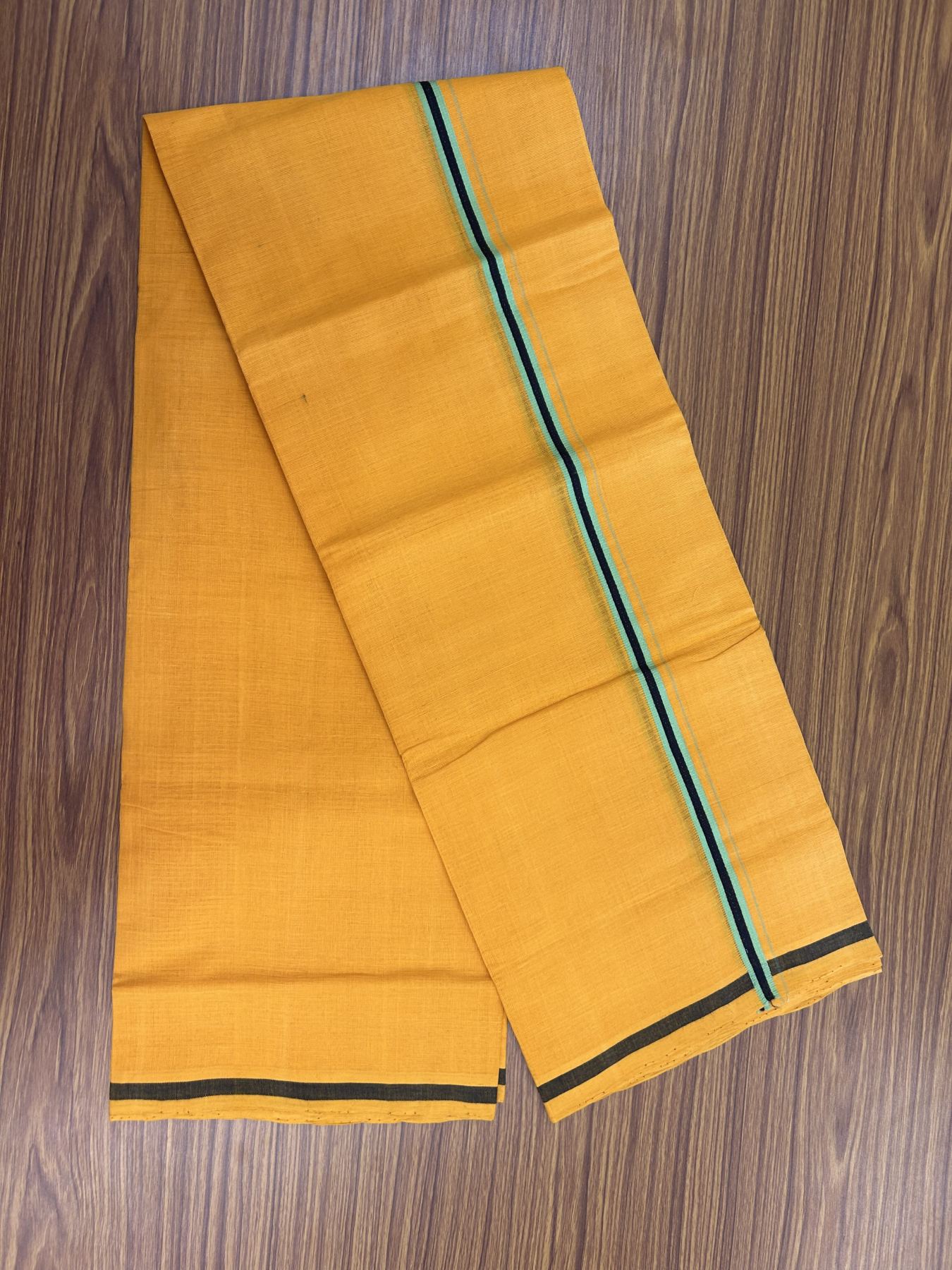 Handloom Single Hallmarked - 10% Discount !! KaithariKada 100% Pure Cotton - Mundu/Dhoti 1.5 cm Green & Black Kara with Light Orange colour Body - (2 meter / 4 muzham) - 33 KK8044 ELA
