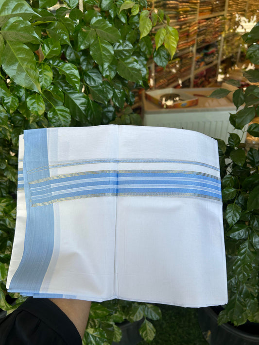 20% Discount ! Kaitharikada Balaramapuram 100% Cotton Pure White Double Mundu/Dothi - 100x80 - 1.25 inch Silver Kasav & Light Blue Striped Kara 3.90 m (8 muzham) - 63 KK5364 MC