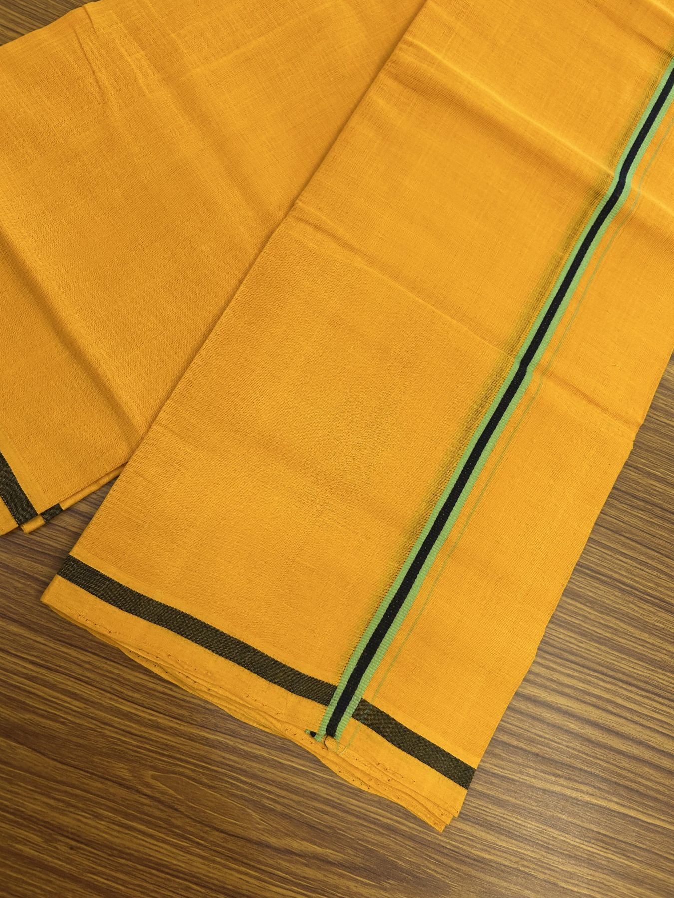 Handloom Single Hallmarked - 10% Discount !! KaithariKada 100% Pure Cotton - Mundu/Dhoti 1.5 cm Green & Black Kara with Light Orange colour Body - (2 meter / 4 muzham) - 33 KK8044 ELA
