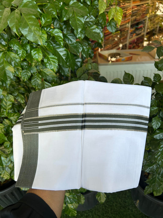 20% Discount ! Kaitharikada Balaramapuram 100% Cotton Pure White Double Mundu/Dothi - 100x80 - 1.5 inch Silver Kasav & Dark Pine Green Striped Kara 3.90 m (8 muzham) - 72 KK5364 MC