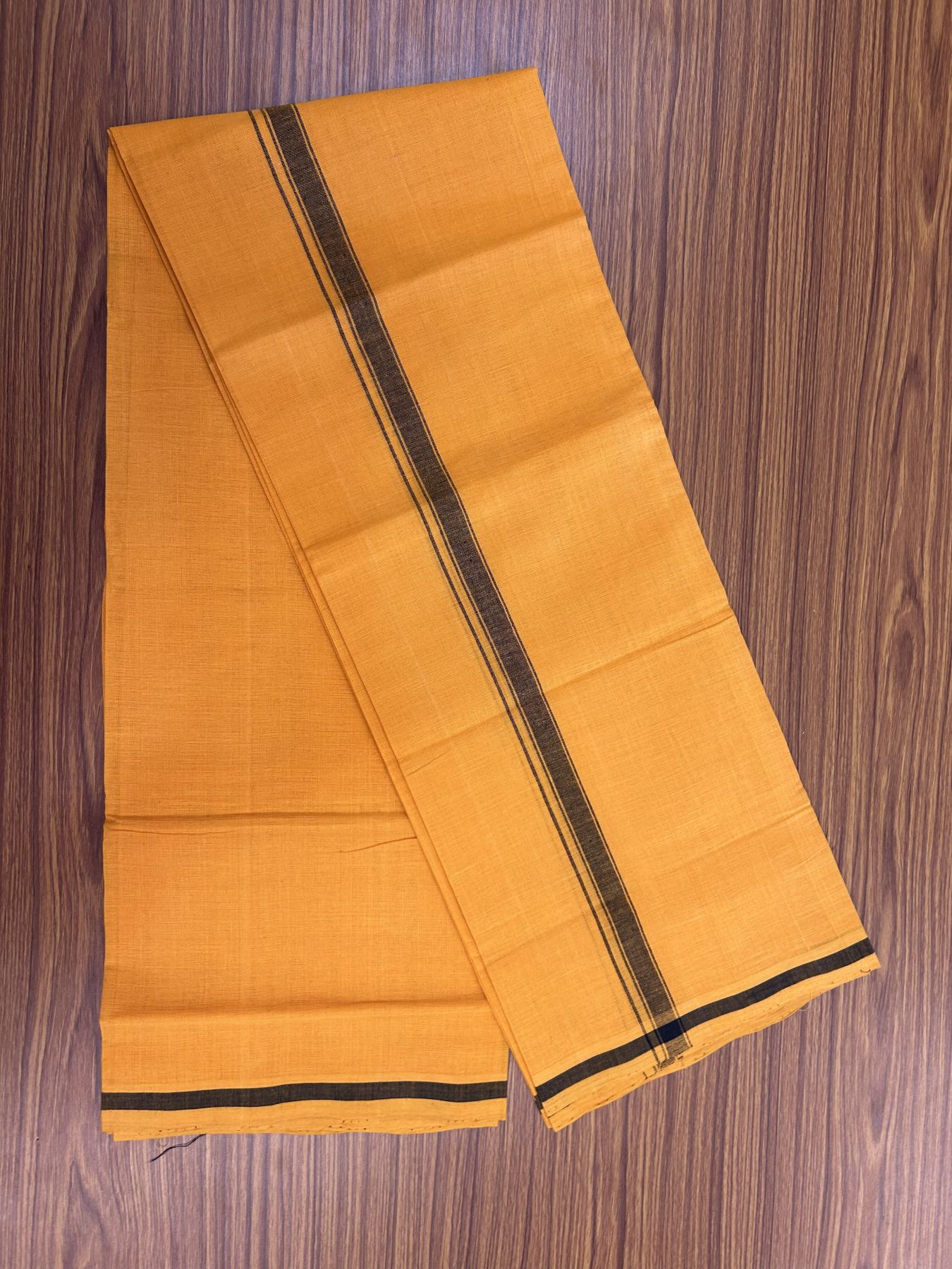 Handloom Single Hallmarked - 10% Discount !! KaithariKada 100% Pure Cotton - Mundu/Dhoti 2 cm Black Kara with Light Orange colour Body - (2 meter / 4 muzham) - 34 KK8044 ELA